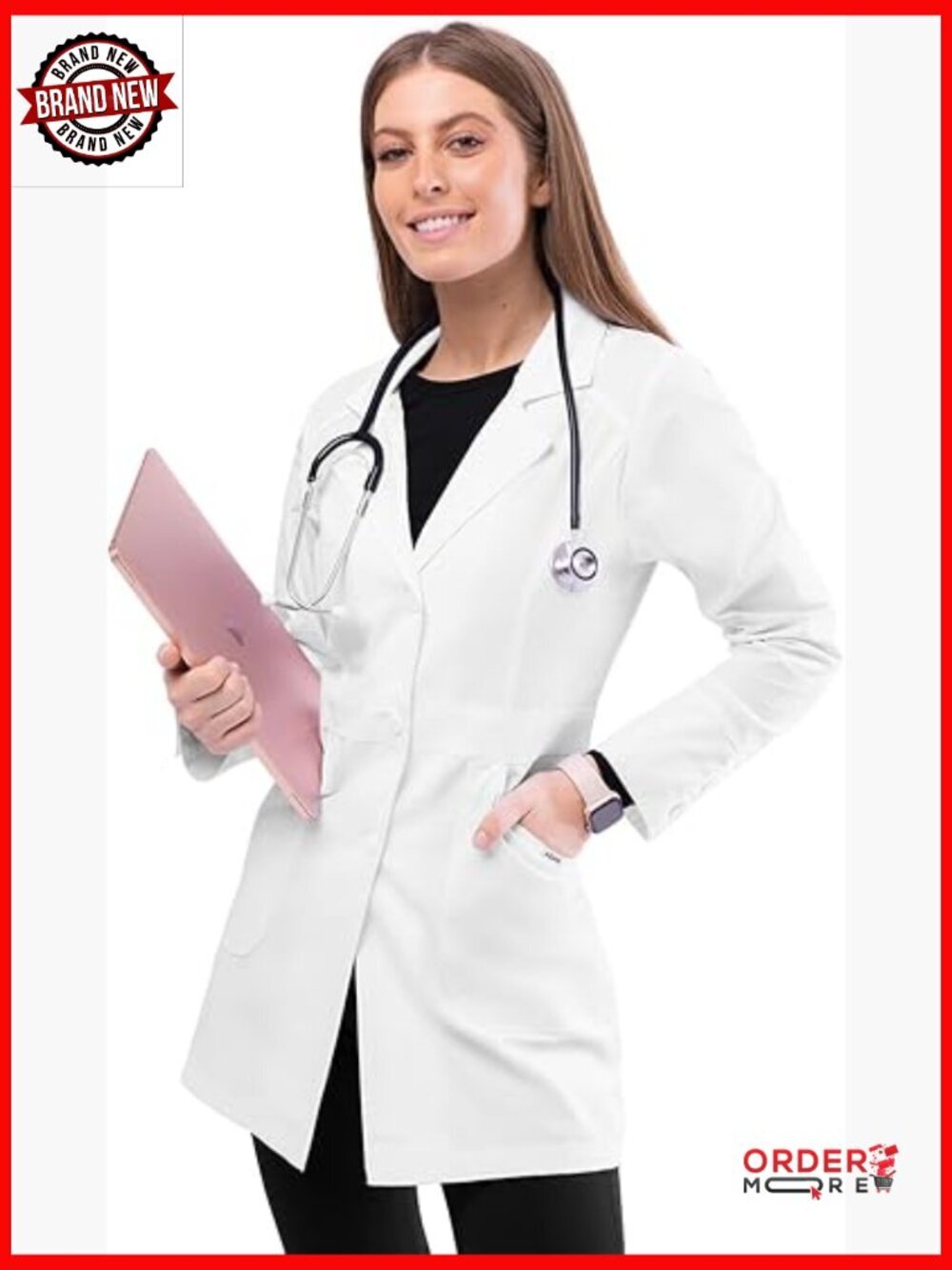 Women's Lab Coat 32" Medical Uniform Workwear Long Sleeve Button Front Pockets